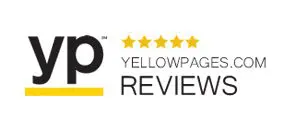 A yellow page review logo with five stars.