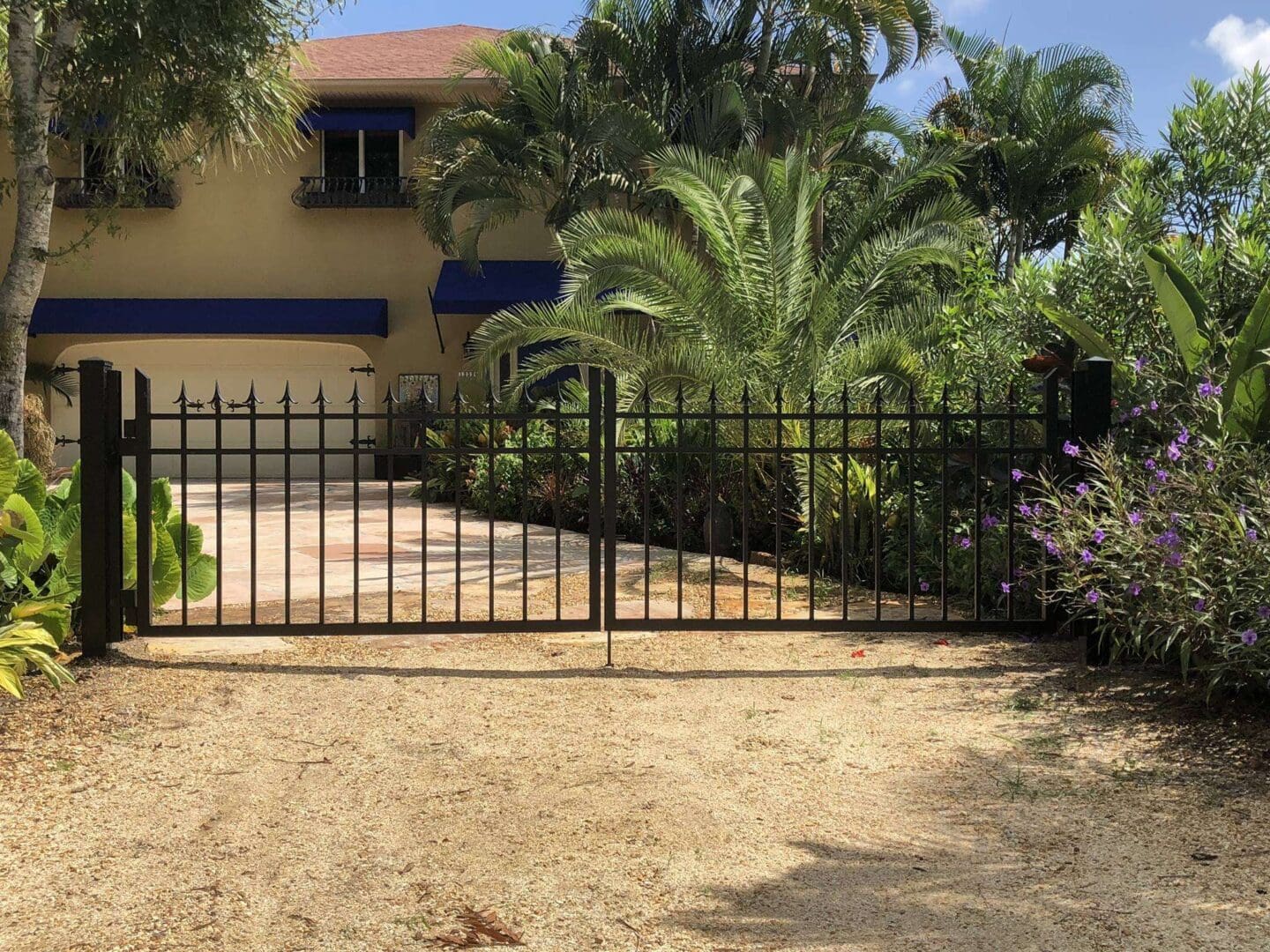 A gated driveway with palm trees and a house in the background.