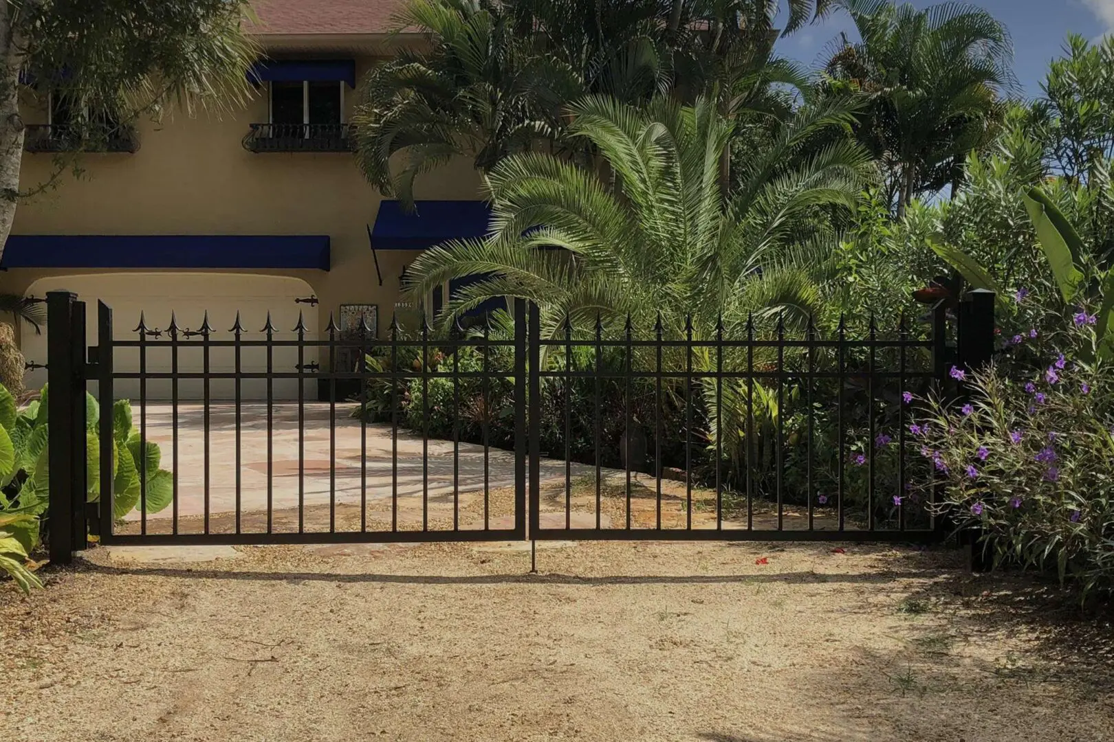 A gated driveway with palm trees and a house in the background.