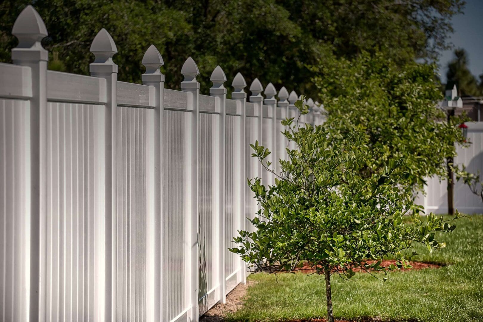 A white fence with trees in the background